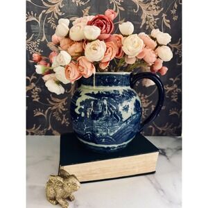 Victoria Ironstone Blue White Pitcher Flow Blue Style Oriental Landscape Jug